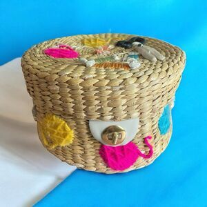 Hand Made Woven Wicker Large Sewing Basket with Vintage Sewing Notions 12x6”